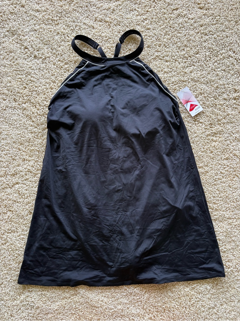 NWT Lands End High Neck UPF 50 Modest Tankini Top 14 Long 14L Black White Piping
